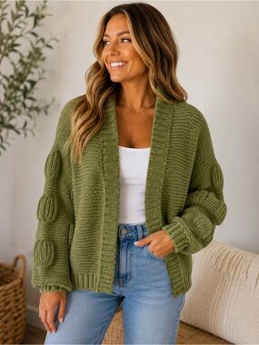 Olive Green Open-Front Knit Cardigan Sweater